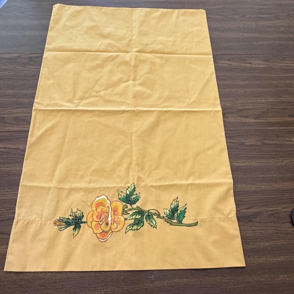 Vintage Hand painted Golden Yellow Floral Pillowcase Percale Standard Size